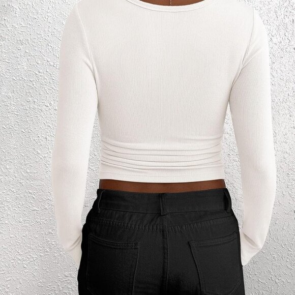 Women's 2025 Summer Fall Long Sleeve Henley T Shirts Button Ribbed Knit Slim Fit - Picture 2 of 8